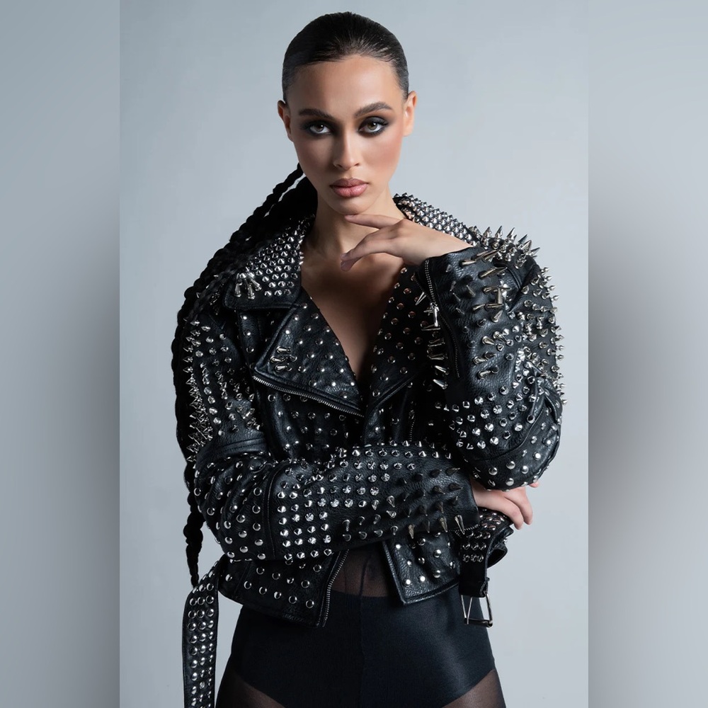 Shop Akira Silver Studded Leather Jacket